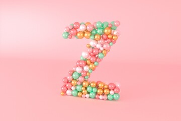 Letter Z made of glass balls, pastel pearls, crystal jewels and gold.
