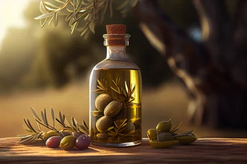 Tapeten Olie oil bottle and fresh green olives on wooden board under olive tree at sunny day. Generative AI © marcin jucha
