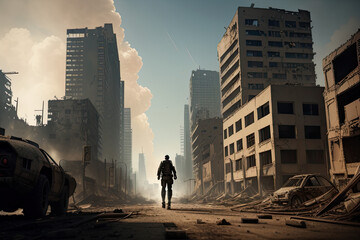 Fototapeta na wymiar Cyborg Walks Down Street of Post-Apocalyptic City. Generative AI.