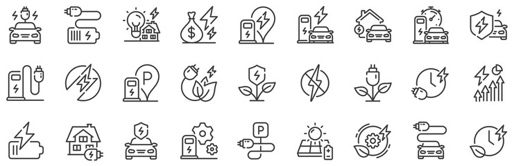Charge station, Ev parking and Battery charger set. Electric car charging line icons. Home car charging, power station and electro energy line icons. Charge battery, parking electric plug. Vector