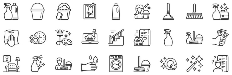 Laundry, Window sponge and Vacuum cleaner icons. Cleaning line icons. Washing machine, Housekeeping service and Maid cleaner equipment. Window cleaning, Wipe off, laundry washing machine. Vector - obrazy, fototapety, plakaty