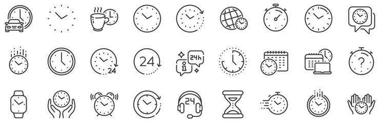 Timer, Alarm and Smartwatch. Time and clock line icons. Time management, 24 hour clock, deadline alarm icons. Sand hourglass, calendar and digital smartwatch, timer stopwatch. Vector