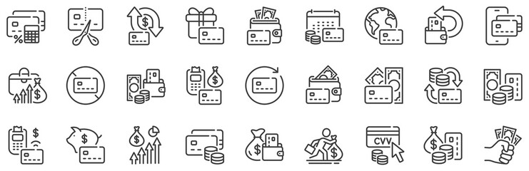 Payment card terminal, bankrupt and contactless pay set. Credit card line icons. Bank atm exchange, cut credit card and CVV code line icons. POS terminal, online bank payment, wallet. Vector
