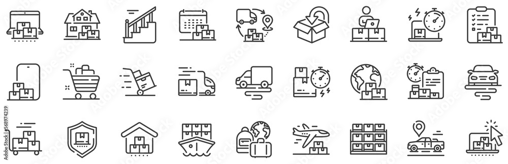 Poster return package, logistic service and delivery date set. delivery line icons. freight distribution, g