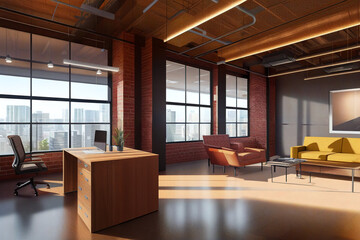 Modern office, loft style, spacious open space for work, empty offices concept, generative ai