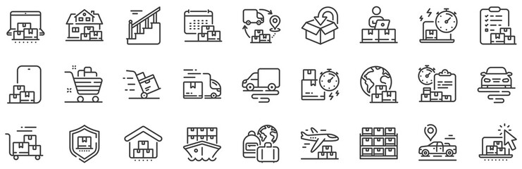 Return package, logistic service and delivery date set. Delivery line icons. Freight distribution, global export and courier truck line icons. Logistic transport, ship delivery. Vector - obrazy, fototapety, plakaty