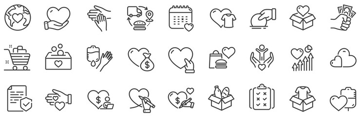 Volunteer help, Global hunger, Food box. Donate and Charity line icons. Helping hand, Heart donate and Care service line icons. Donation or Blood collection, Money charity and Food care. Vector