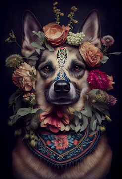 Dead of dead sugar skull creative art with dog face painted and flowers. Generative Ai