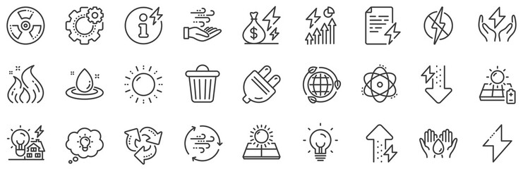Solar panels, wind energy and electric thunder bolt. Energy line icons. Fire flame, hazard, green ecology icons. Electric plug, thunderbolt, recycling trash can. Solar power. Vector