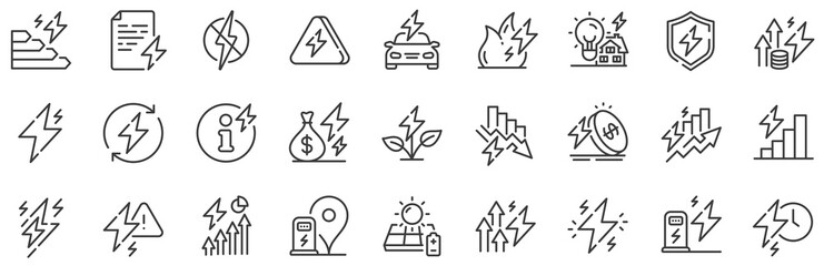 Electric power, Charge station and Electricity price inflation set. Energy line icons. Eco energy, efficiency consumption and saving electricity line icons. Lightning bolt, electric power. Vector