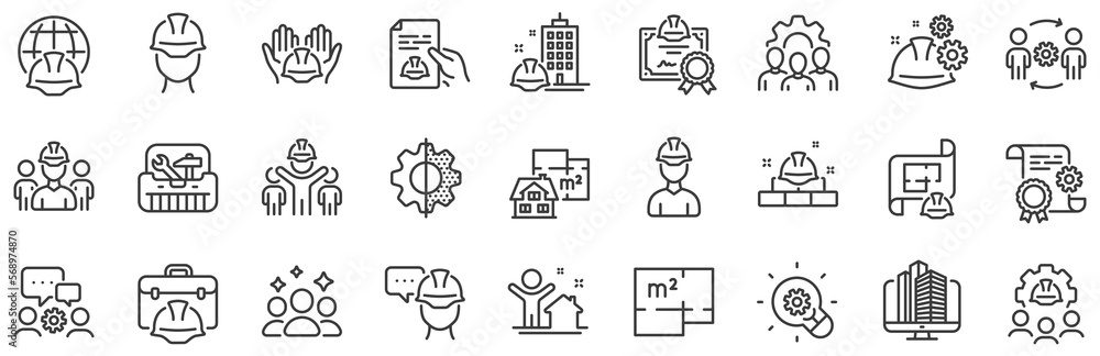 Poster teamwork, people and technical documentation. engineering line icons. blueprint with gear, engineer 