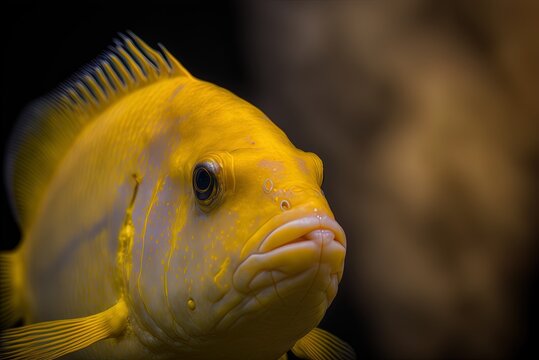 Yellow cichlidae cichlid in its tank, captured in close up. Generative AI