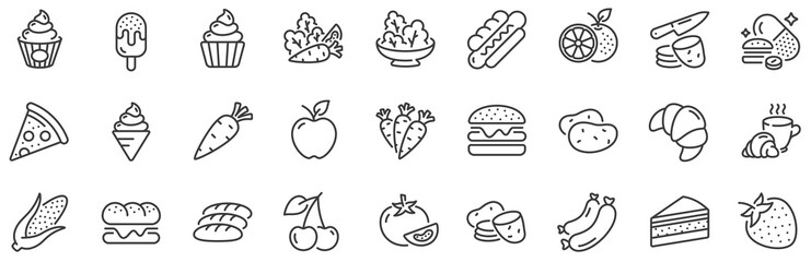 Vegetables, Fruits and Sweet Desserts icons. Food line icons. Potato slices, corn and fresh carrot. Strawberry, Apple and Orange. Cake, Ice cream and Cupcake icon. Pizza, burger and hotdog. Vector