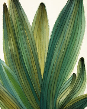 Lush Plant Drawing In Warm Green And Blue Tones