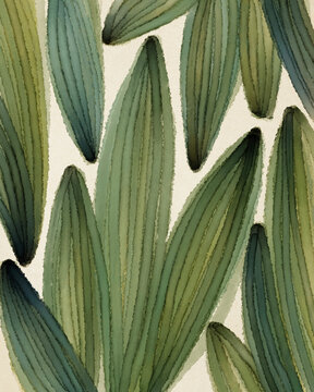 Leaf Drawing In Warm Green And Blue Tones