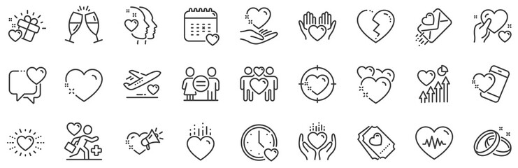 Gift box, Broken heart and Romantic letter. Love line icons. Wedding rings, glasses with champagne, love heart icons. Happy couple, heart holding, romantic loudspeaker. Quality design element. Vector