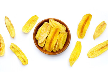 Banana slice chips on white background