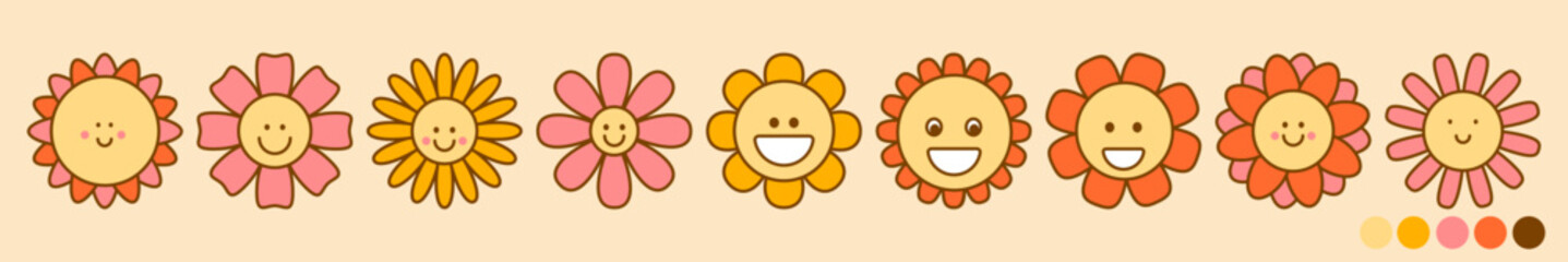 Vector set of retro flowers witn smiles and eyes in Groovy style. Plant with petals icon. Pack of cute characters. For stickers, printing on paper and fabric, social media design and surface design. 

