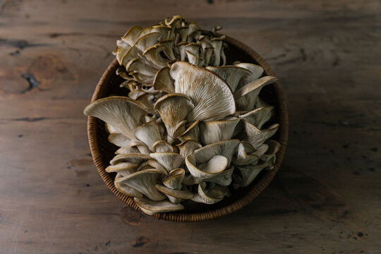 Oyster mushrooms in a wicker basket