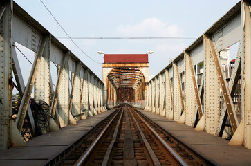 Closeup old old Vietnamese railway bridge, metal building structure