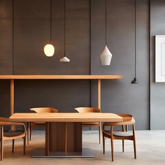 Minimalist dining room with a minimalist wooden table and chairs1, Generative AI