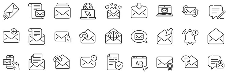 Newsletter, Email document, Correspondence icons. Mail message line icons. Received mail, Secure message and Web letter. Post office newsletter, Send email document, private communication. Vector