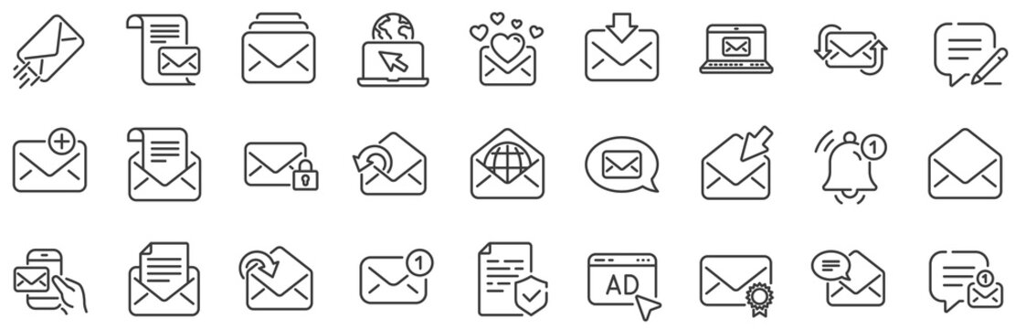 Newsletter, Email document, Correspondence icons. Mail message line icons. Received mail, Secure message and Web letter. Post office newsletter, Send email document, private communication. Vector