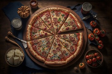 Fototapeta na wymiar Illustration of an amazing pizza for dinner. AI generated art. 