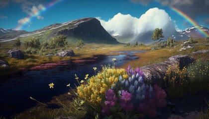 a colorful rainbow in the sky on wild field, spring, cloudy, landscape background.
