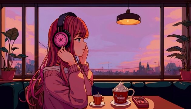 a beautiful girl is listening to music by a headphone in a cozy cafe, chilled, pink, manga style illustration.