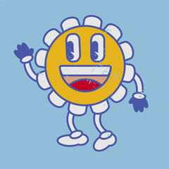 Vintage chamomile flower emoji laughing smile. Retro naive emoticon.