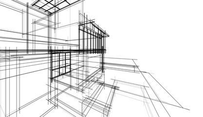 Architectural sketch of a building 3d illustration
