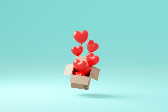 Red heart balloons coming out of delivery box St. Valentine's concept 
