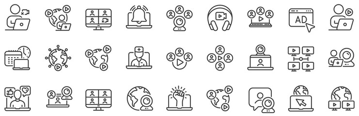 Virtual presentation, Video conference, Live chat icons. Online meeting line icons. Team video, Digital training, Online presentation. Live webinar, Remote team conference, Virtual study. Vector