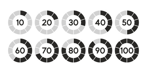 Percentage pie chart set. Circle percent diagram or chart with progress bar. Infographic design template for business process, data statistic, web loading process. Vector illustration