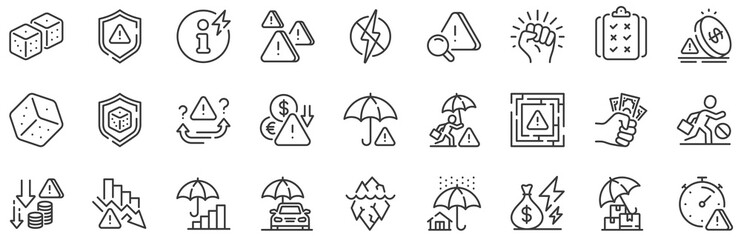 Safety umbrella, Iceberg threat and dice gambling set. Risk management line icons. Reduce finance, win chance and maze labyrinth line icons. Crisis management, insurance umbrella, threat risk. Vector - obrazy, fototapety, plakaty