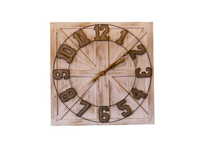 Fototapeta na wymiar Wood backed farmhouse clock with large metal numbers