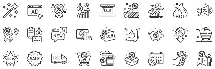 Set of Shopping, Sale and New icons. Discount line icons. Free delivery, Flight sale and Black friday discount. Hot offer, Airplane and new store. Online shopping. Black friday clearance. Vector