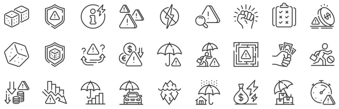 Safety umbrella, Iceberg threat and dice gambling set. Risk management line icons. Reduce finance, win chance and maze labyrinth line icons. Crisis management, insurance umbrella, threat risk. Vector
