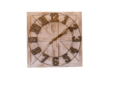 Wood backed farmhouse clock with large metal numbers