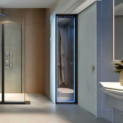 Minimalist bathroom with a large walk-in shower3, Generative AI