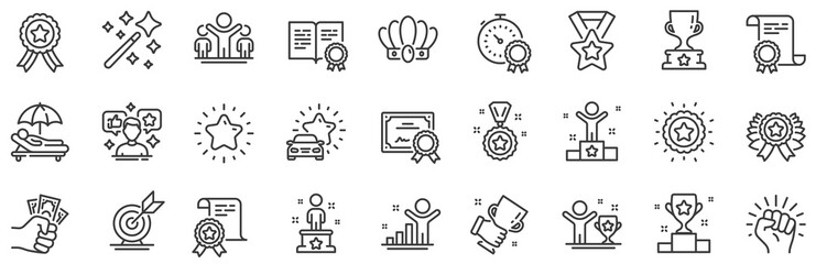 Winner cup, goal target, certificate. Success line icons. Reward, medal with ribbon, crown icons. Award, winner podium, first place success. Statue, diploma with certificate, challenge. Vector