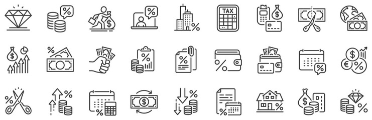 Mortgage rate, Money credit and finance payroll set. Tax line icons. Increase percent rate, return overpayment money, tax amount line icons. Jewel value, cut finance and tax evasion. Vector - obrazy, fototapety, plakaty