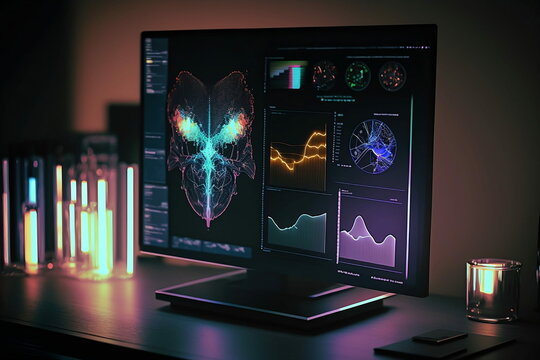 Hi-Tech Futuristic Background Computer On Desk. 
User Interface, Display Screen With Digital Data, Scientific Charts And Information.  Technology Network, Artificial Intelligence (AI)