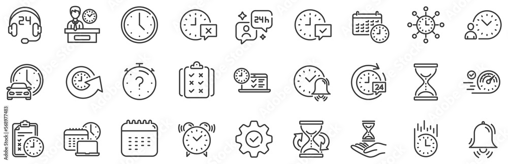 Poster set of calendar, time management timer and delivery service linear icons. time line icons. checklist