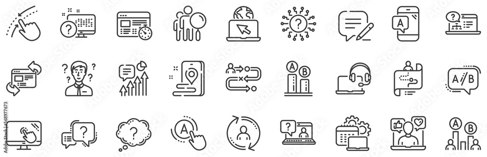 Poster set of ab testing, journey path map and question mark icons. ux line icons. usability quiz test, ux 