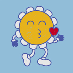 Retro flower kiss heart emoji smile. Laughing vintage naive emoticon.