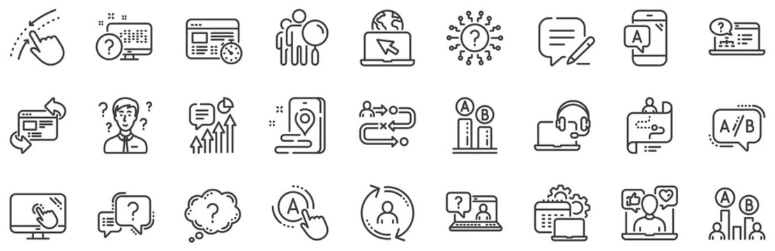 Set of AB testing, Journey path map and Question mark icons. UX line icons. Usability quiz test, Ux Ui and User flow. Project process, ab testing graph, survey test results. Quiz question. Vector