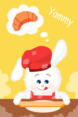 White bunny baker covered in flour with rolling pin makes dough for his favorite croissant. Cartoon food illustration.