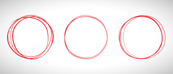 Red circle line hand drawn set. Highlight hand drawing circle isolated on background. Round handwritten red circle. For marking text, note, mark icon, number, marker pen, pencil and text check, vector